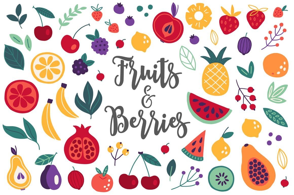 Colored fruits and berries are drawn on a white background with the inscription "Fruits and berries" next to it.
