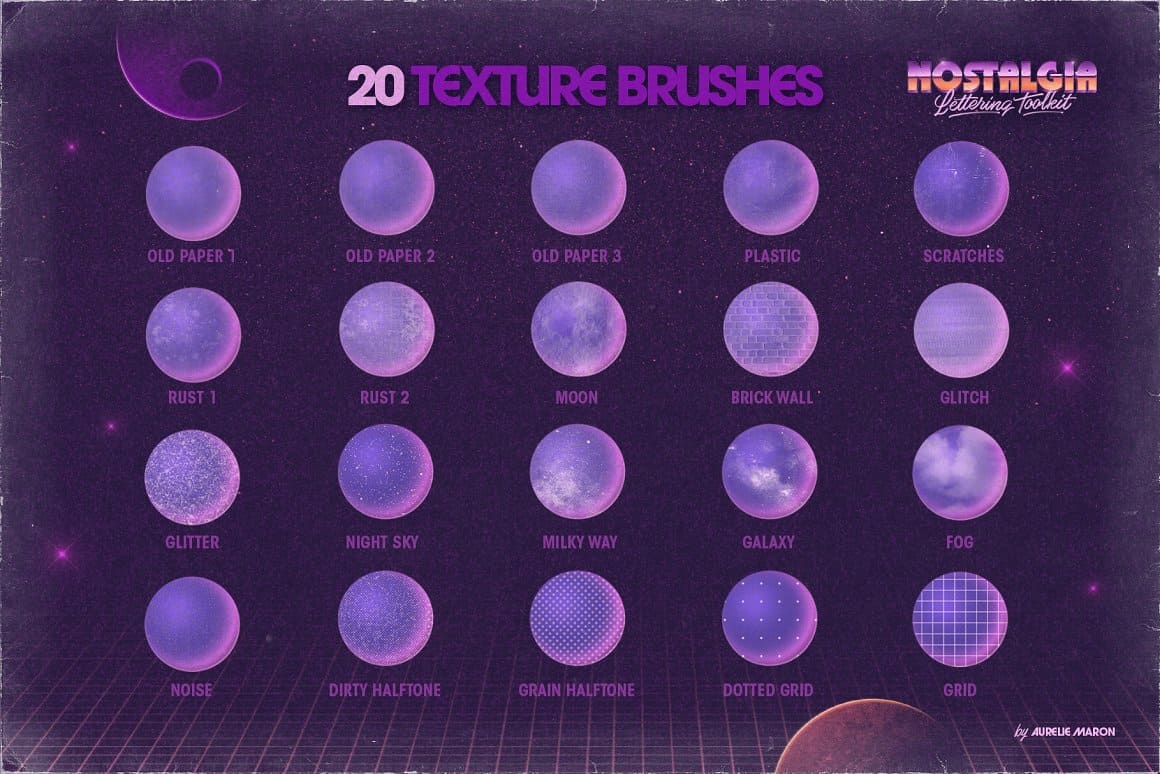 20 texture brushes on the purple background.