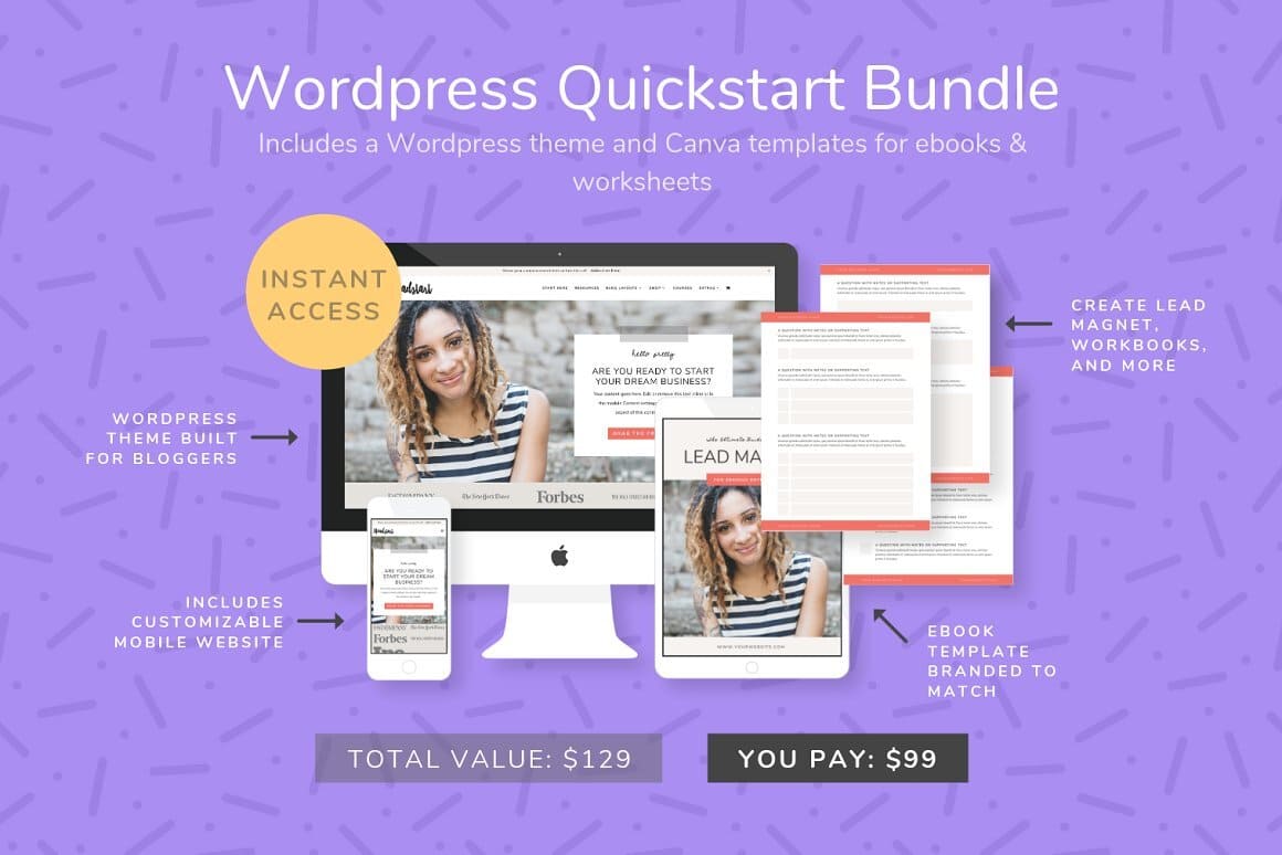 Wordpress quickstart bundle includes a wordpress theme and canva templates for ebooks and worksheets.