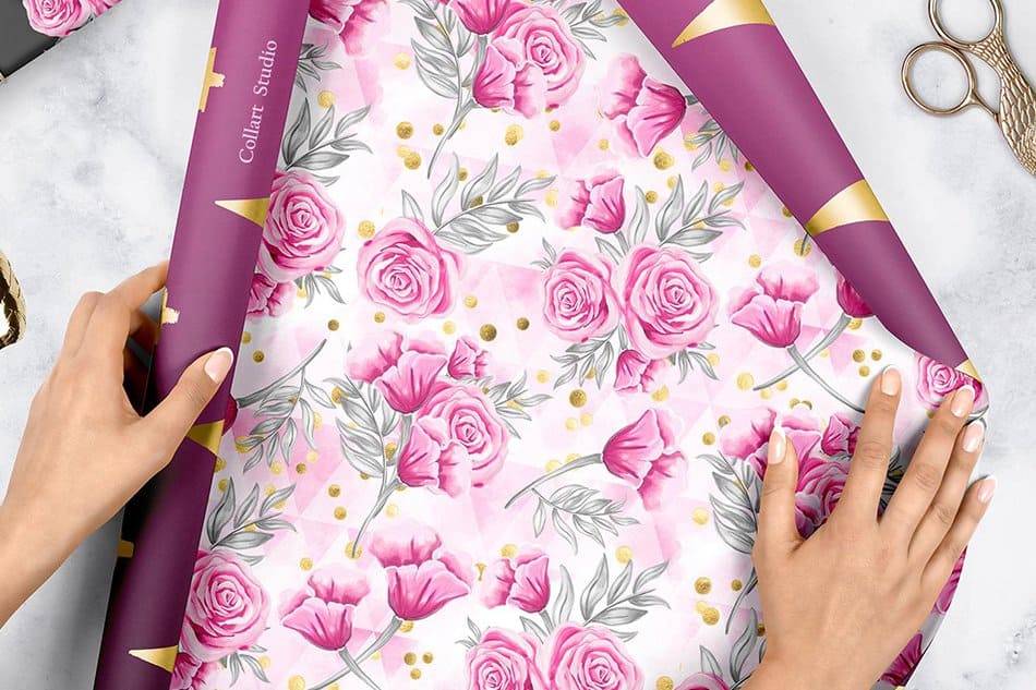 Wrapping paper with a rose design.