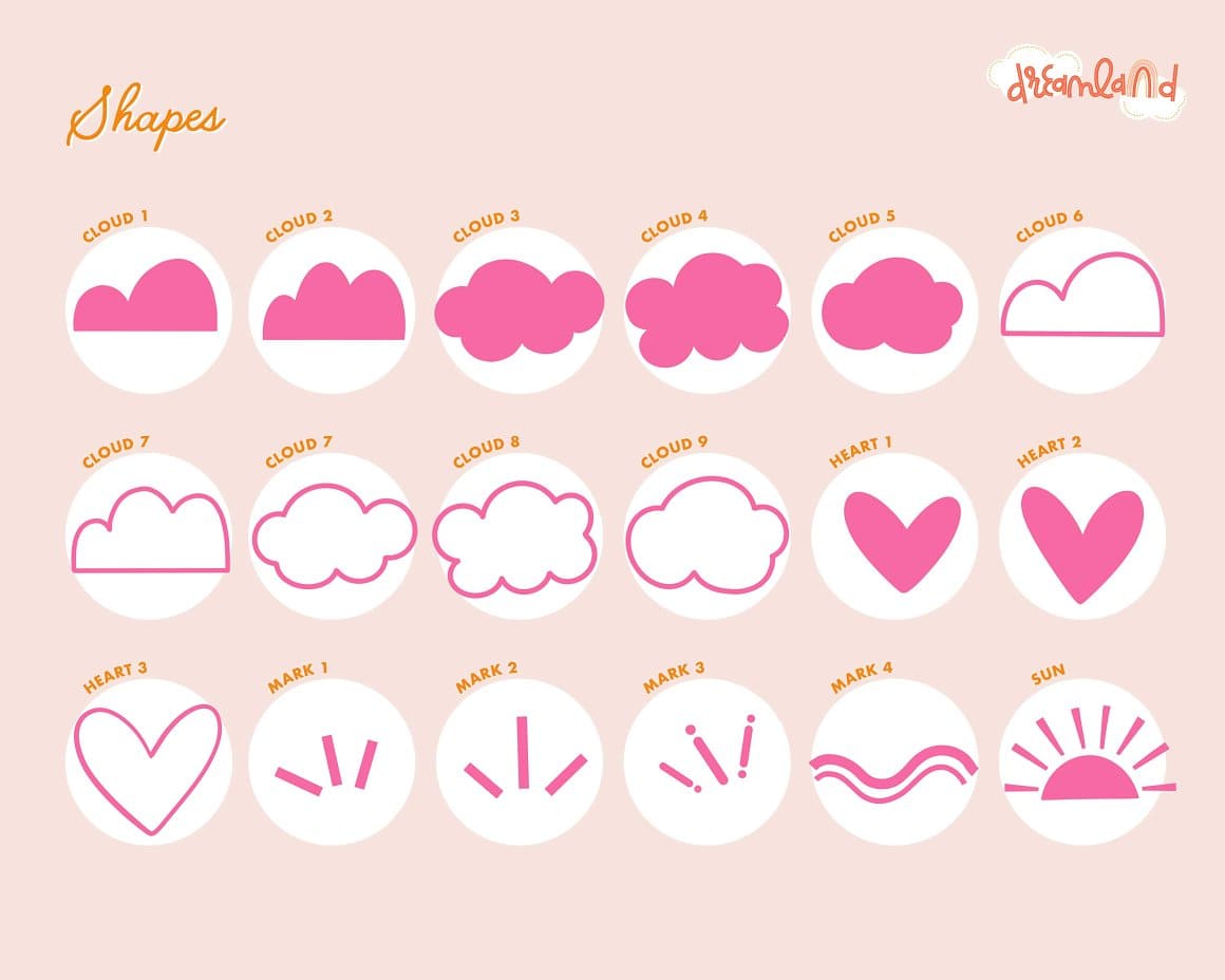 Shapes includes clouds, hearts,marks and sun.