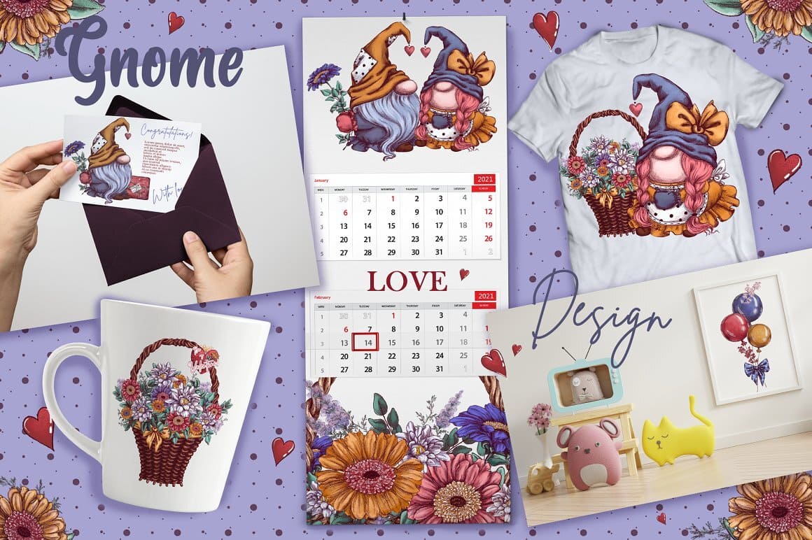 Illustrations of gnomes on calendars, t-shirts, mugs and more.