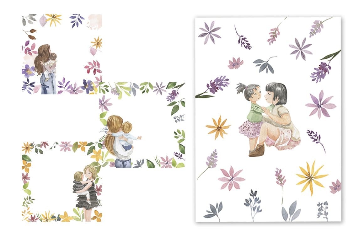 Several compositions with a combination of plants and happy motherhood.