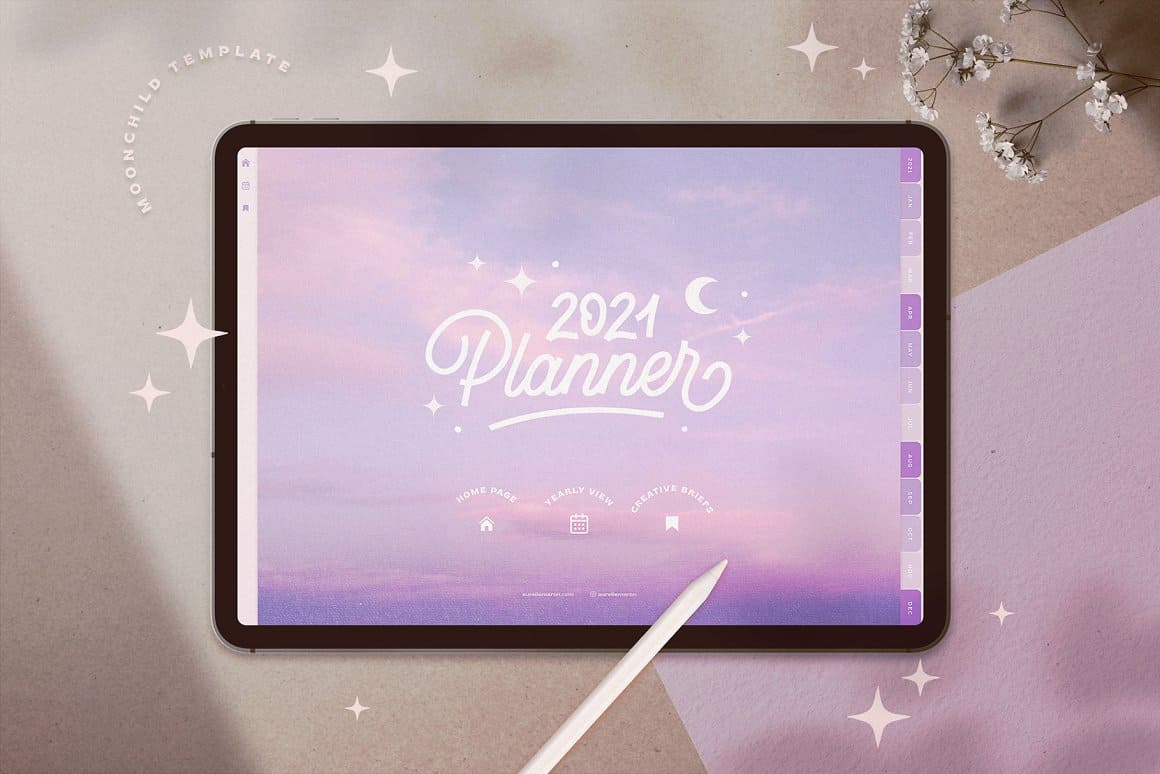 Preview 2021 Planner with purple background on the tablet.