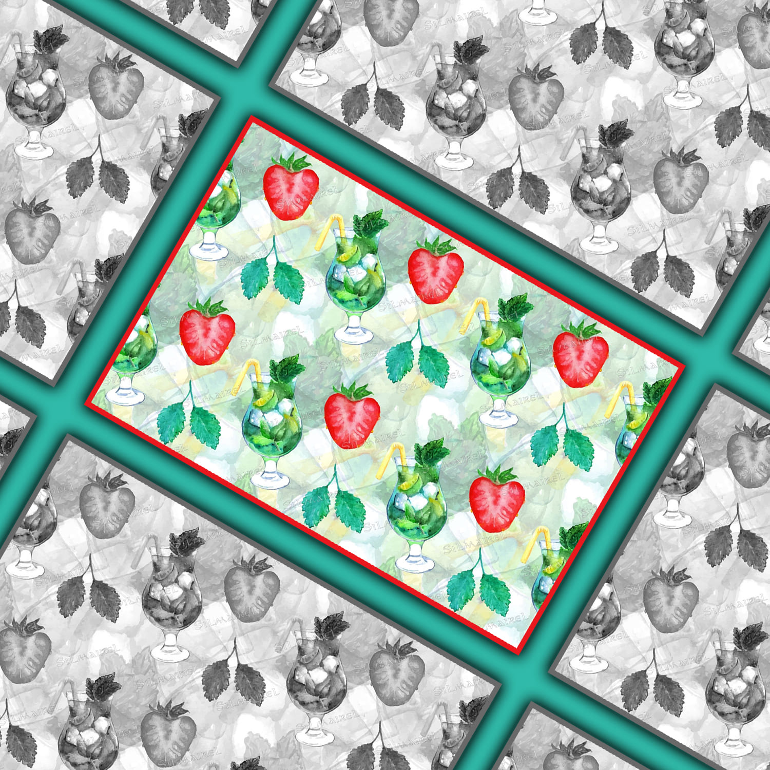 Diagonal picture with color and black and white patterns with images of strawberries and mojitos.