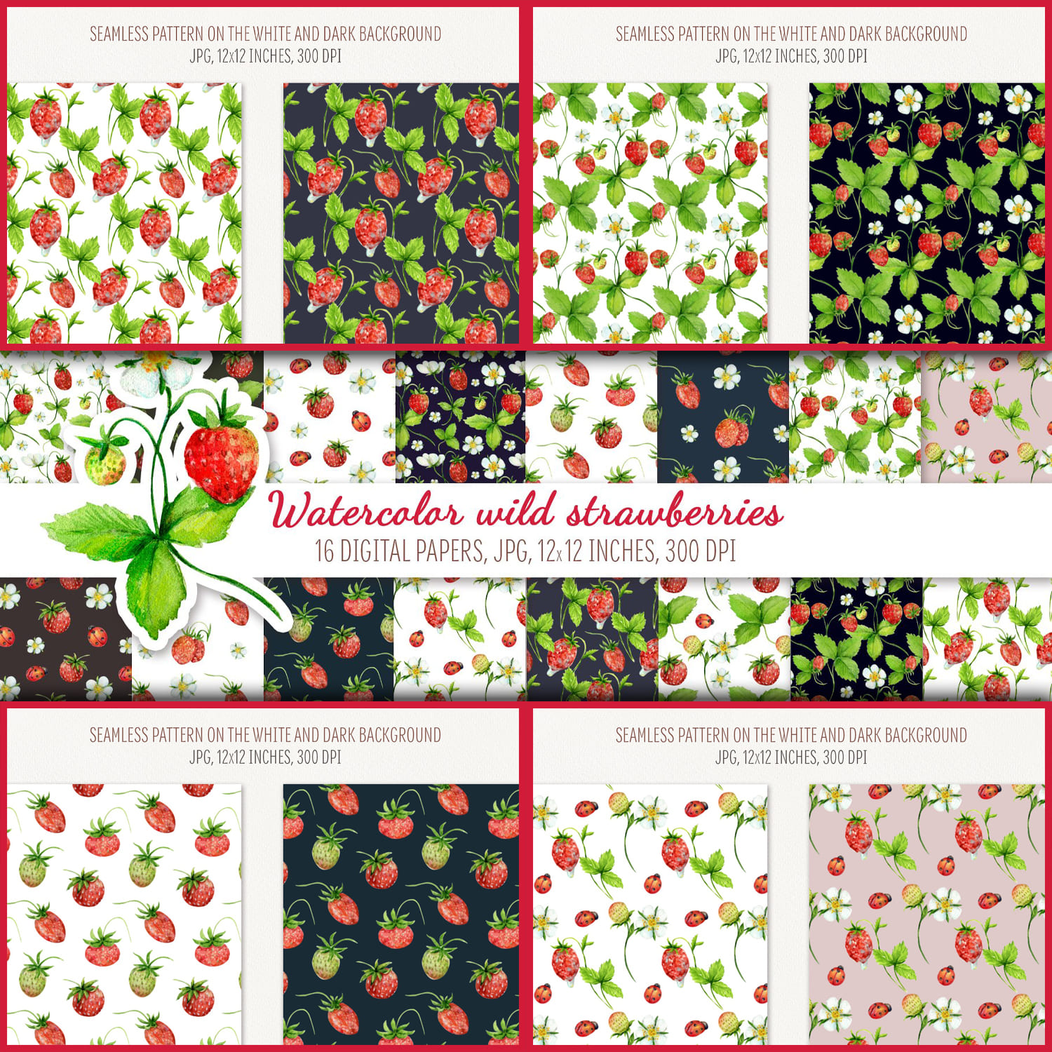 Many slides of Watercolor Wild Strawberries. Digital Paper Pack.