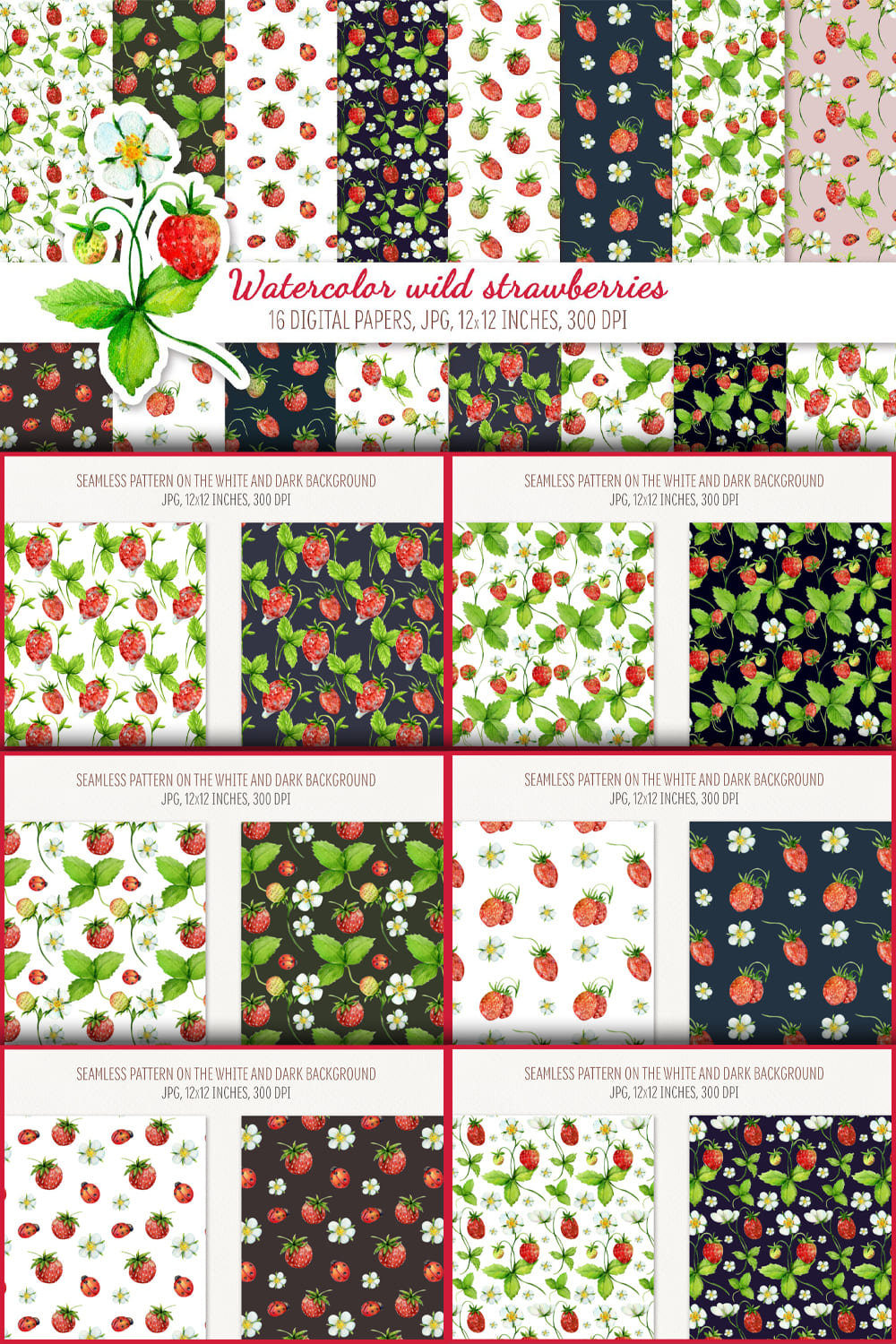 Strawberries digital paper pack on the white and black backgrounds.