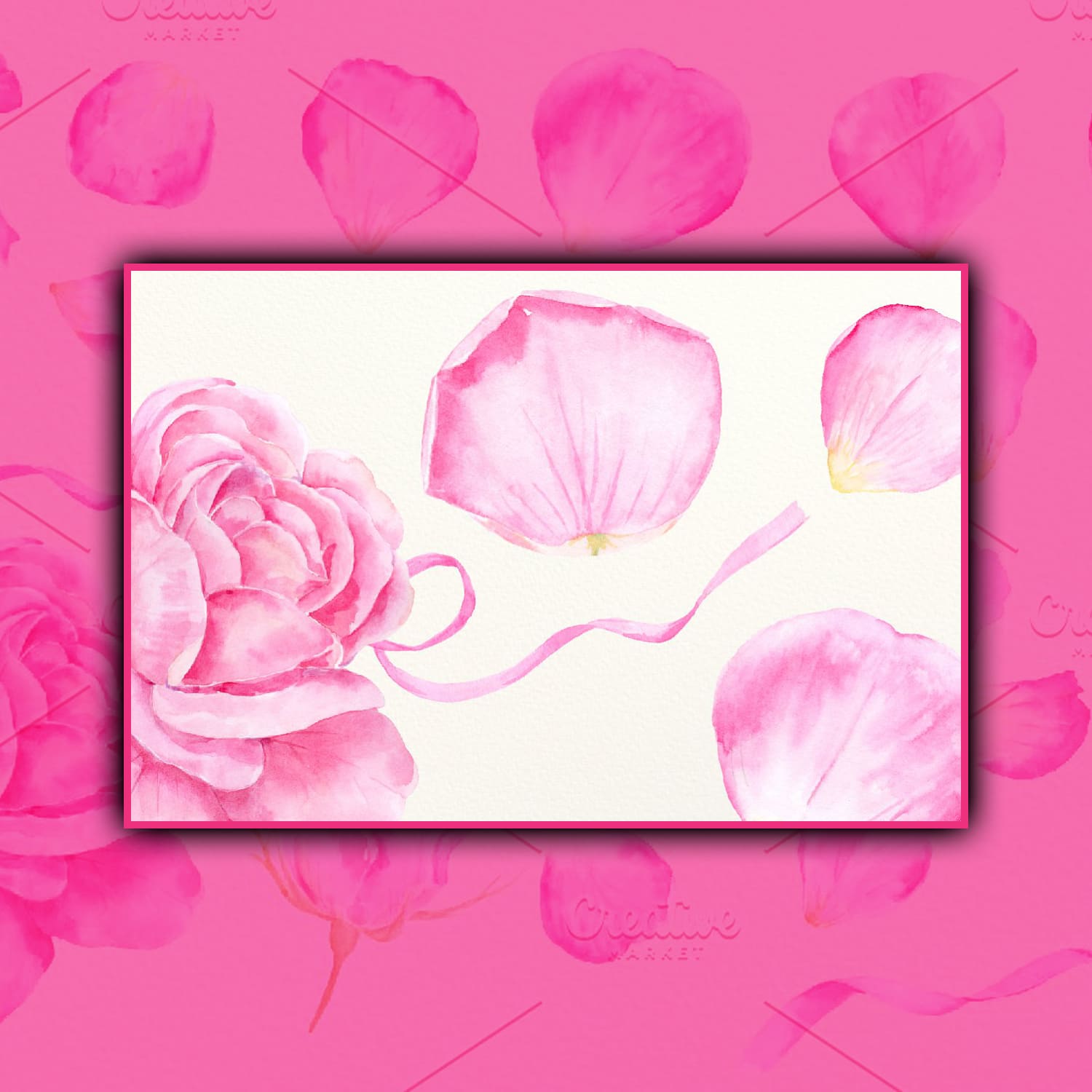 Three pink petals with small details are made in watercolor.