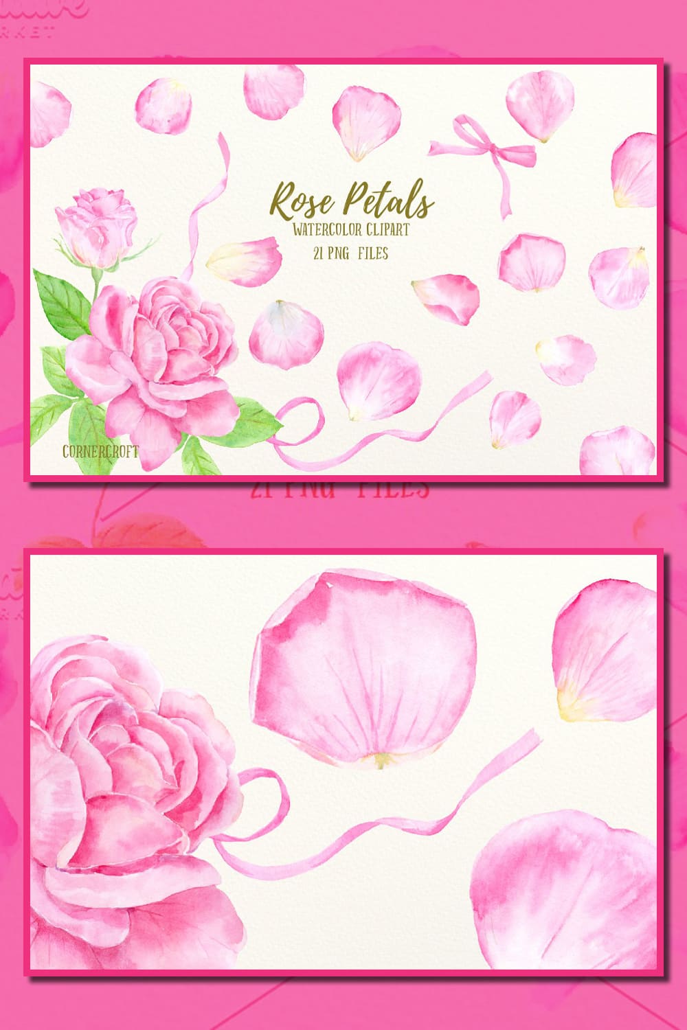 Watercolor Pink Rose Petals Clip Art.