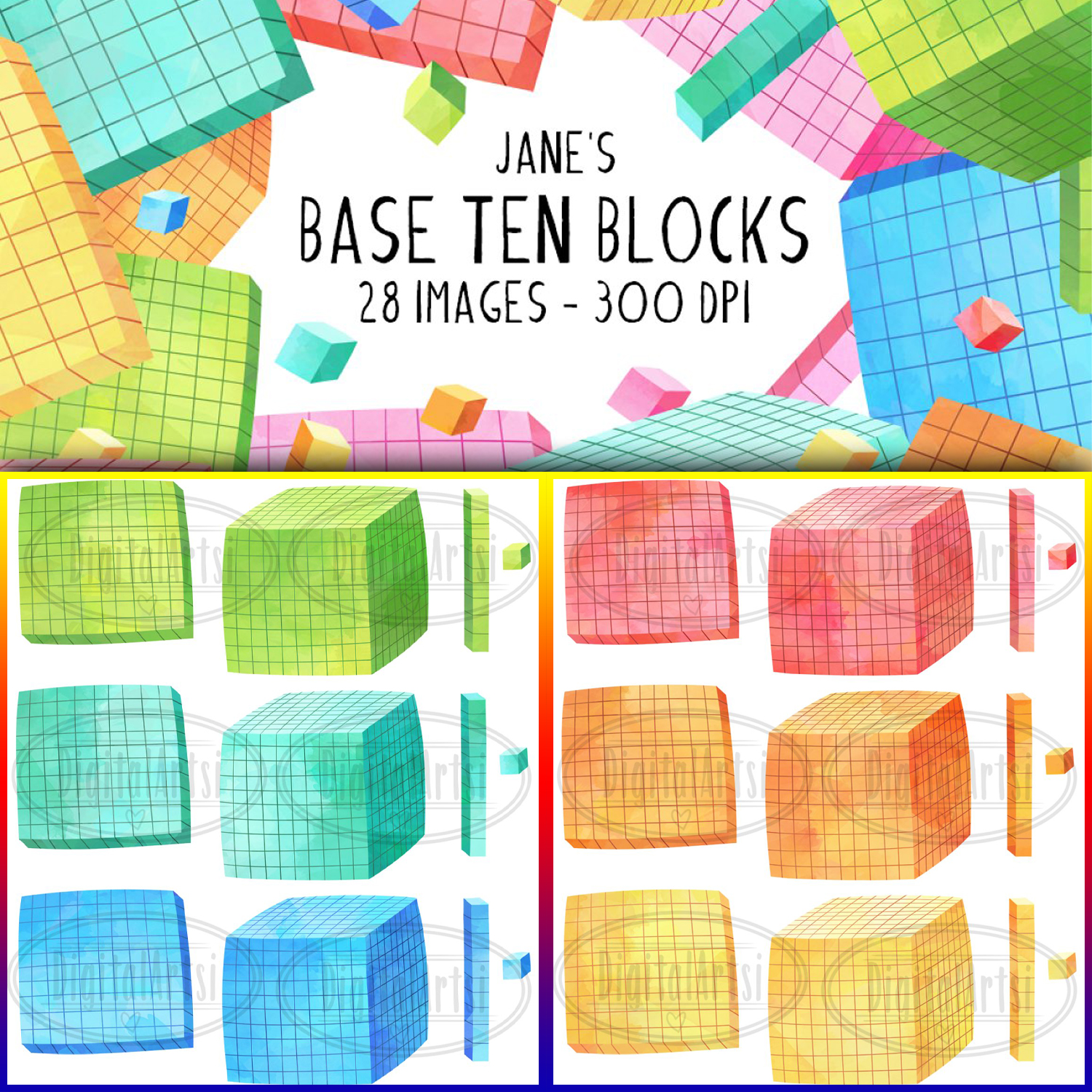 Preview watercolor base ten blocks clipart.
