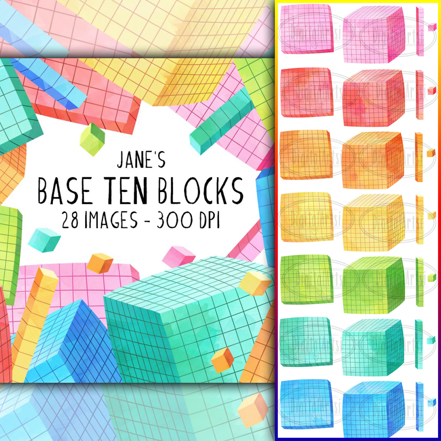 Images with watercolor base ten blocks clipart.