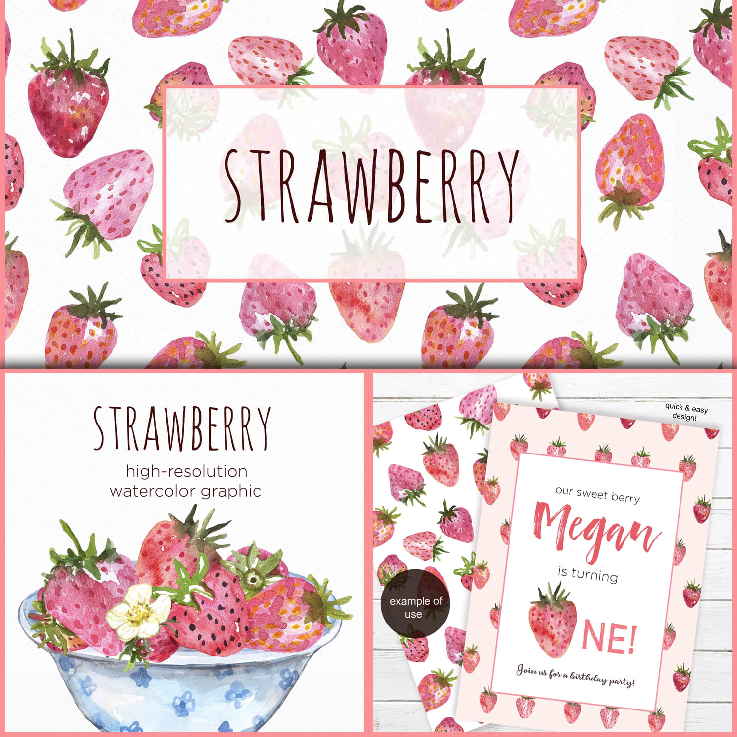 The use of a strawberry pattern and compositions with a watercolor image of strawberries.
