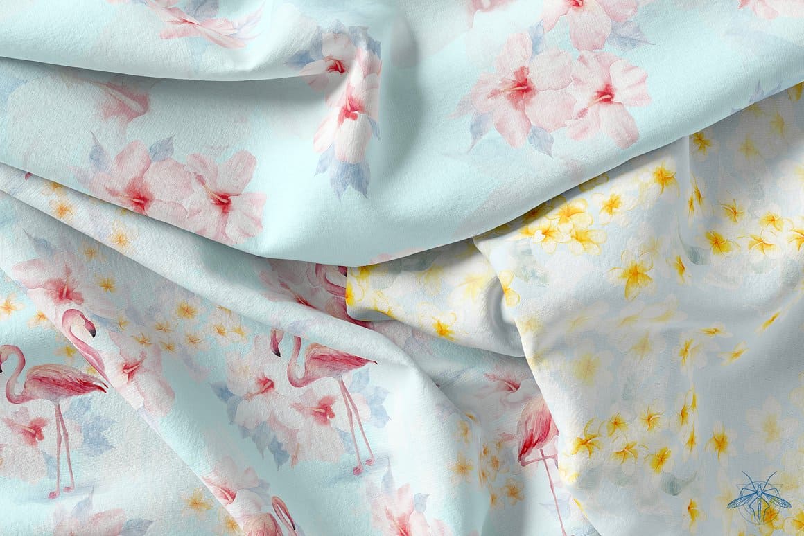 Blue delicate fabric with the image of pink flamingos.