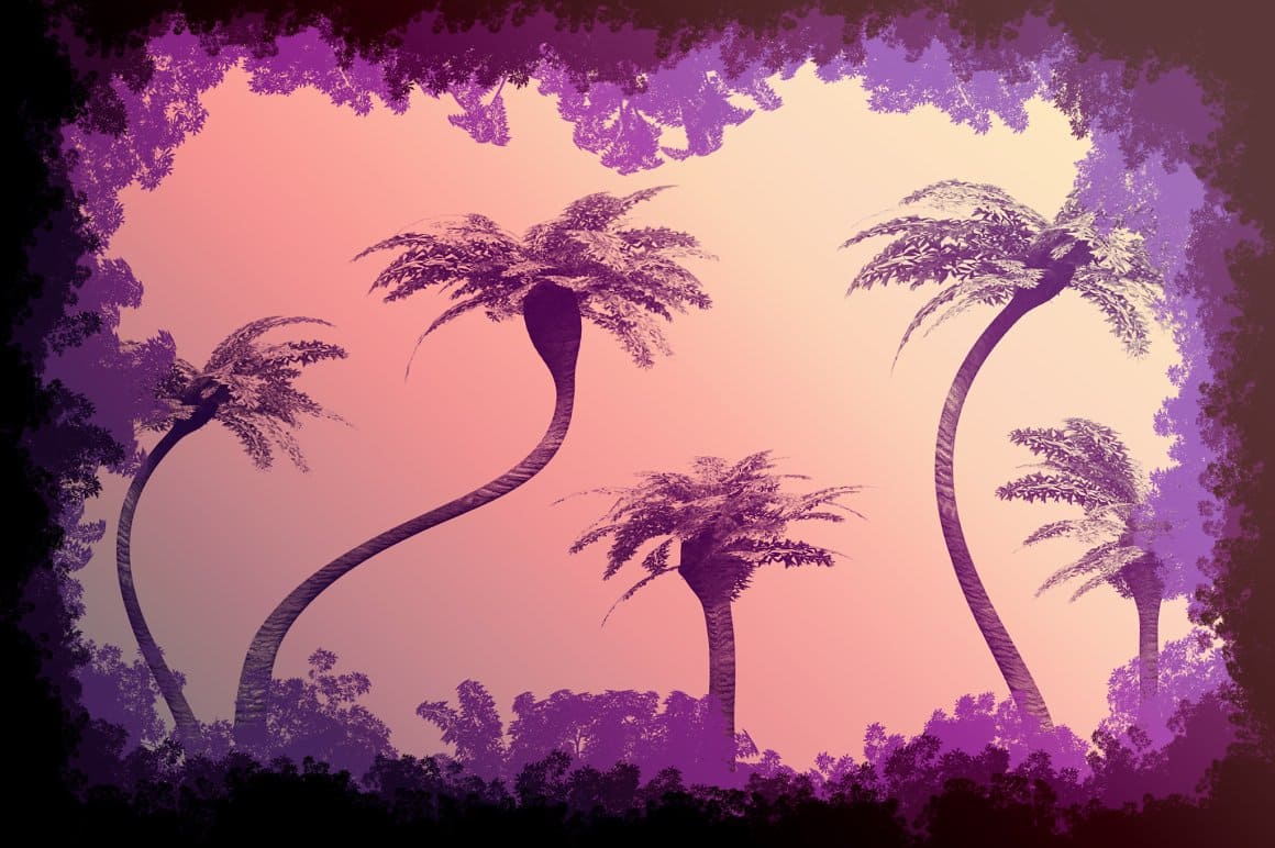 Tropical trees, a palm tree on a pink background.