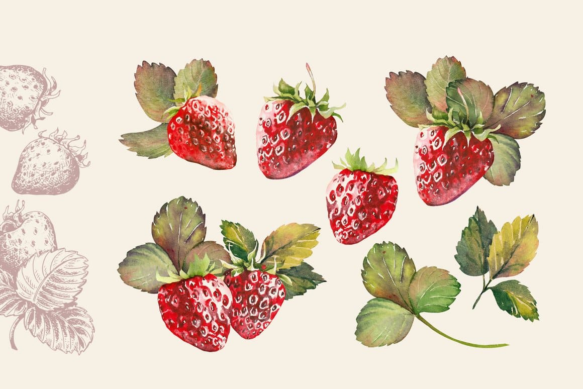Watercolor image of strawberries with leaves.