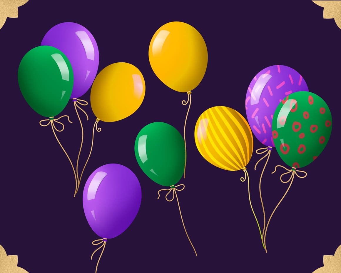 Purple, yellow, green balloons.