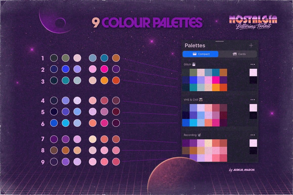 9 colour palettes of Nostalgia Lettering Toolkit.