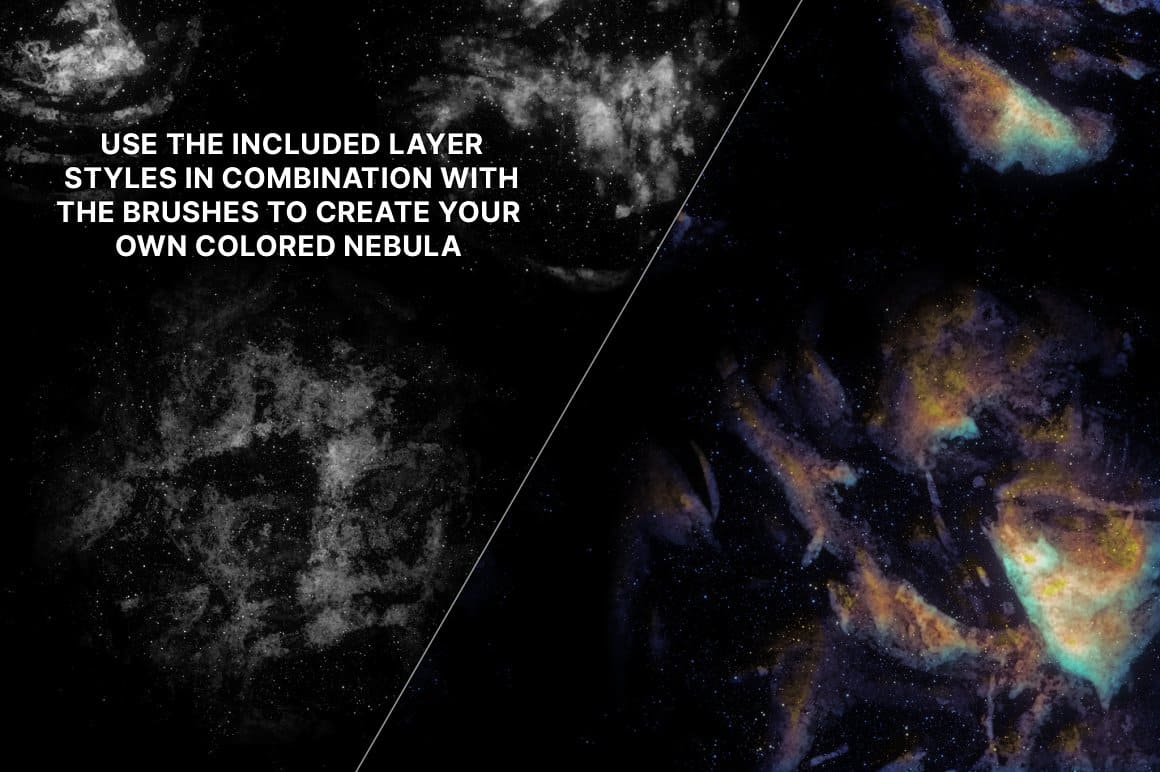 Inscription "Use the included layer styles in combination with the brushes to create your own colored nebula".