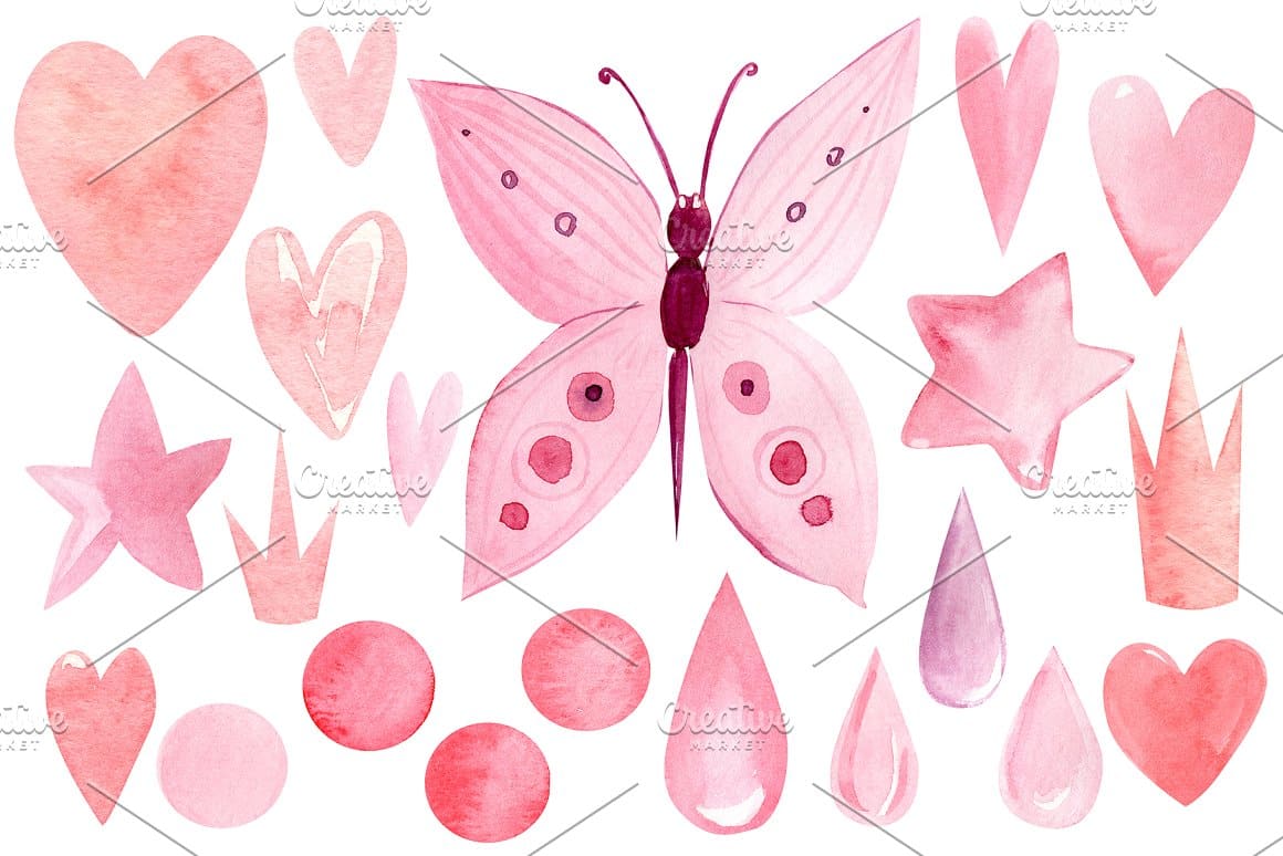 Pink watercolor drawings of butterflies, hearts, stars, etc.