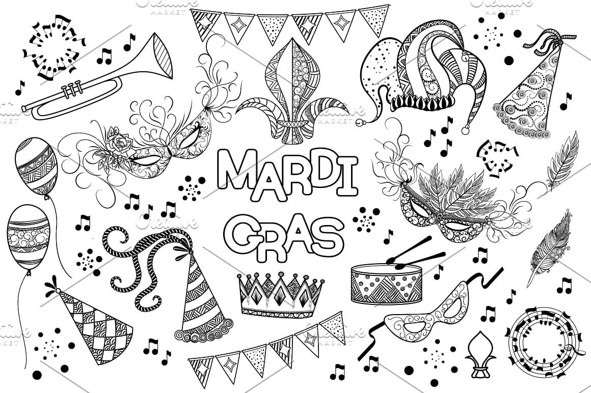 Sophisticated drawings in black and white for Mardi Gras.