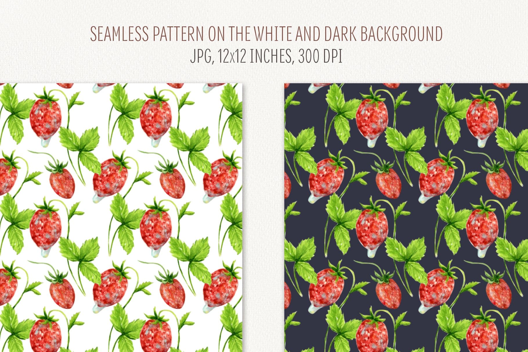 Delicious red strawberries with green leaves on white and black backgrounds.