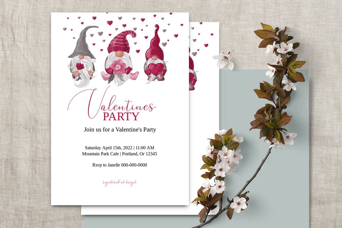 Invitation to a Valentine's party with the image of gnomes.