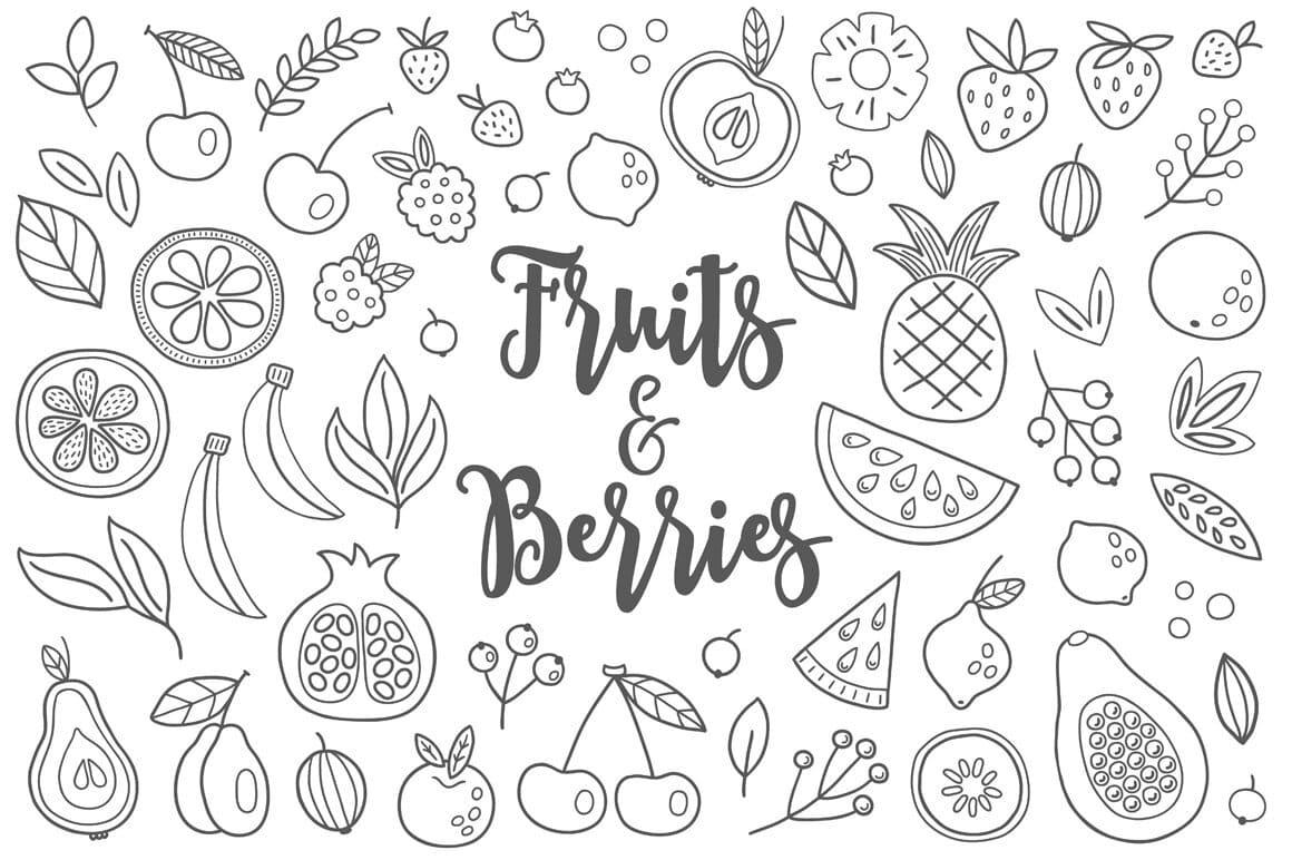 Pattern with sketches of fruits and berries.