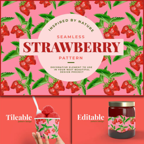 Decorative elements of seamless strawberry on the pink background.