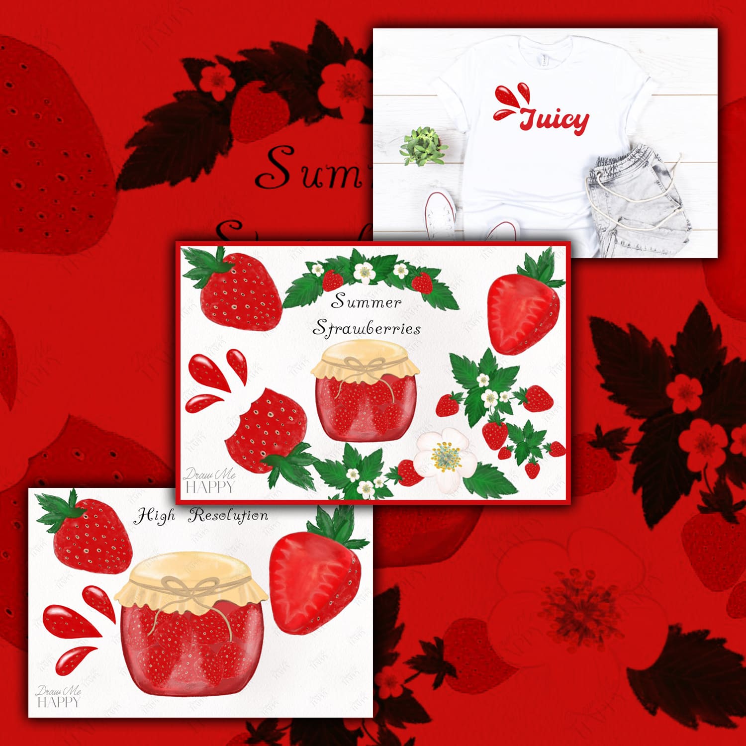 Three slides are placed diagonally with the image of strawberries and strawberry jam.