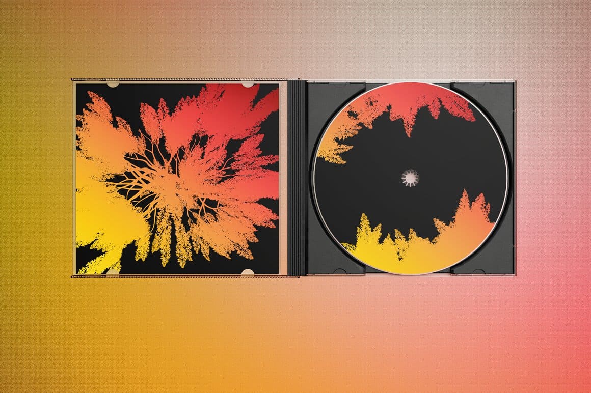 Red-yellow trees on a black disc background.