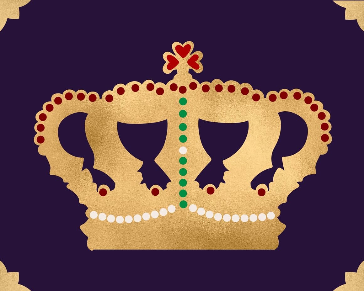 Golden crown decorated with red stones on a purple background.