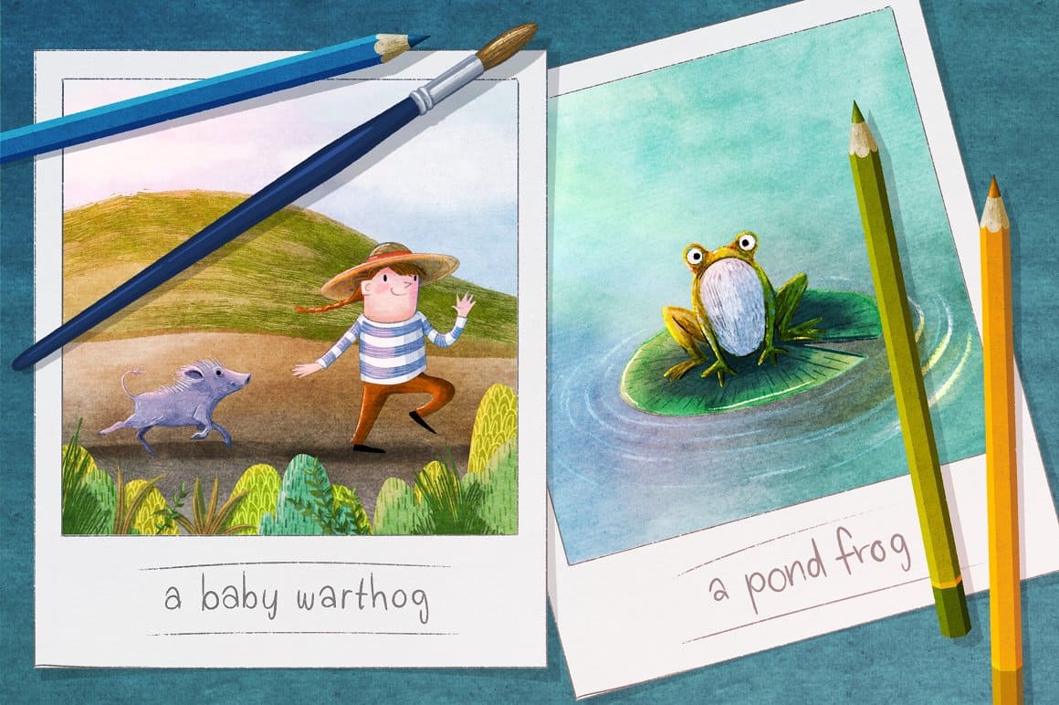 Watercolor pictures with a baby warthog and a pond frog.