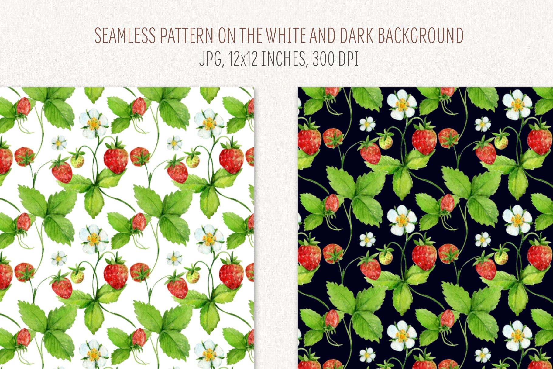 Bright strawberry pattern on white and black backgrounds.