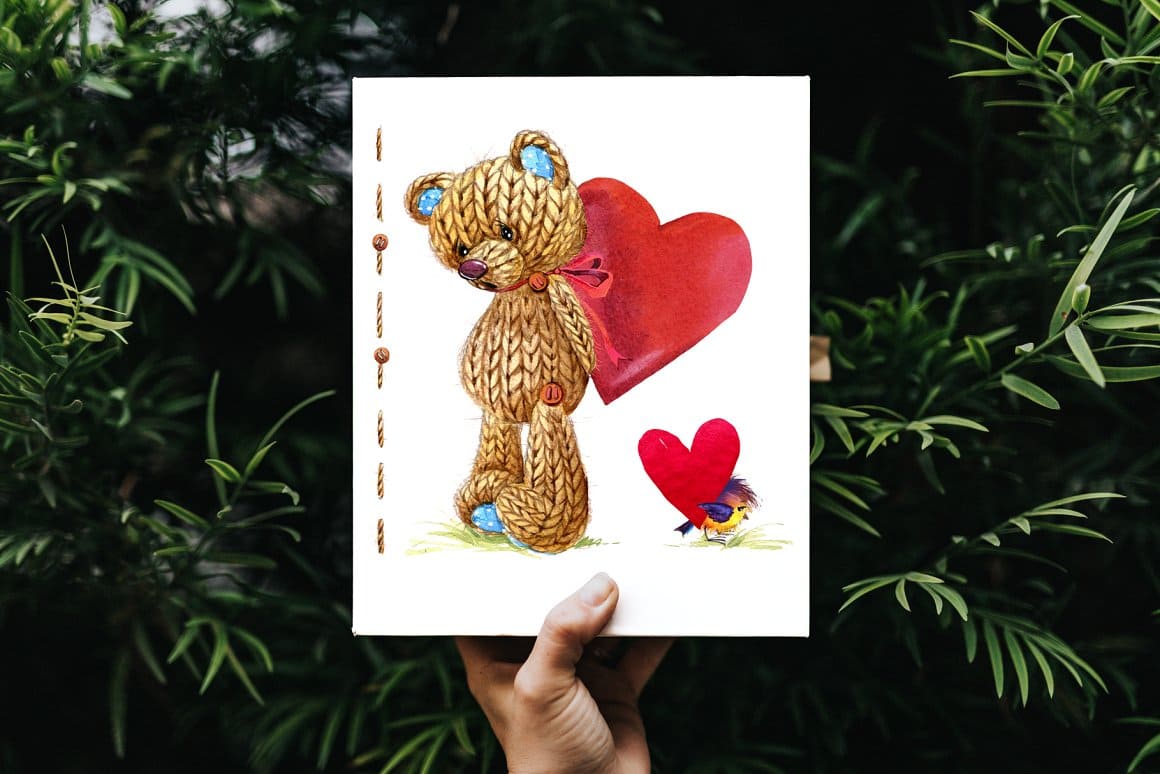 White card with teddy bear and bird with red hearts.