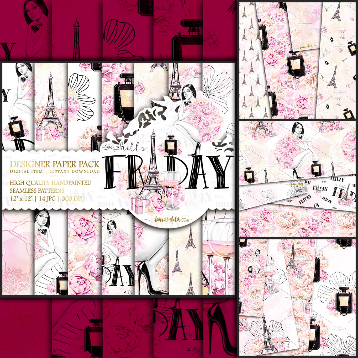 High quality handpainted seamless patterns about Paris and love.
