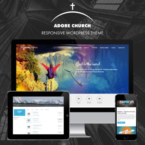 Preview Adore church responsive wordpress theme. on the mobile. laptop, computer.