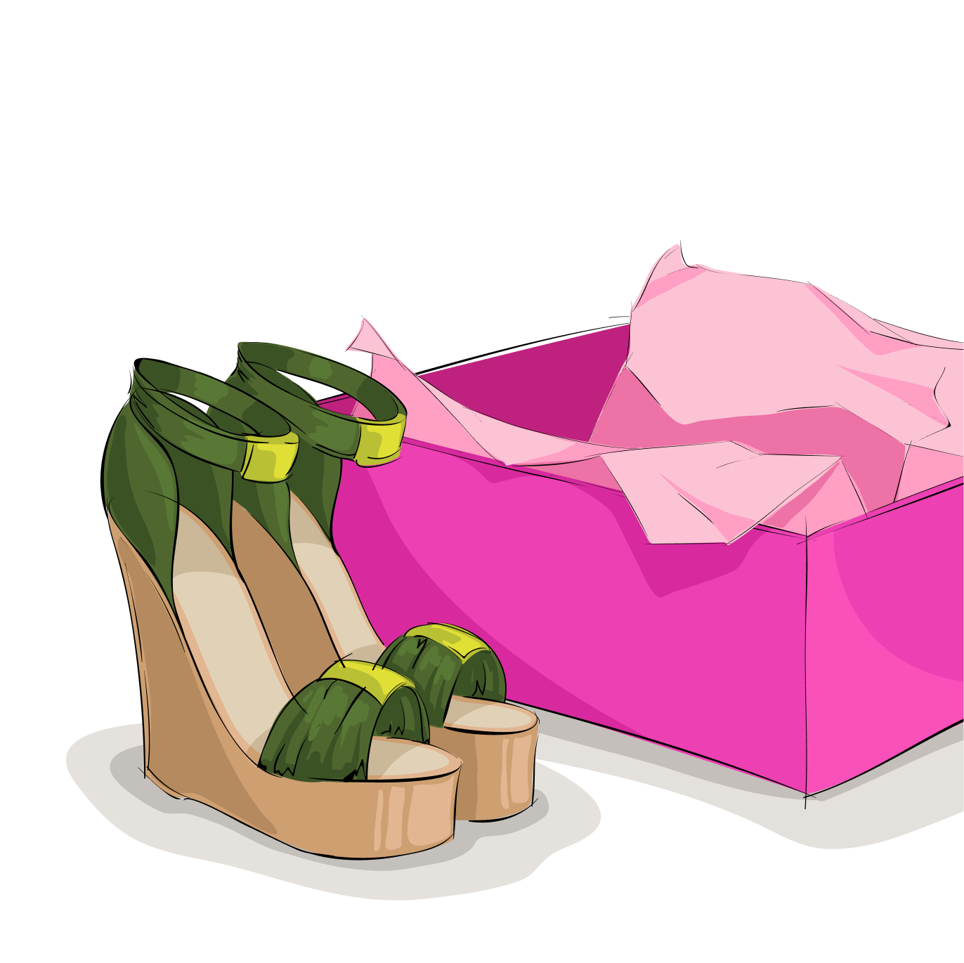 Yellow soles and green ribbons next to a pink box.