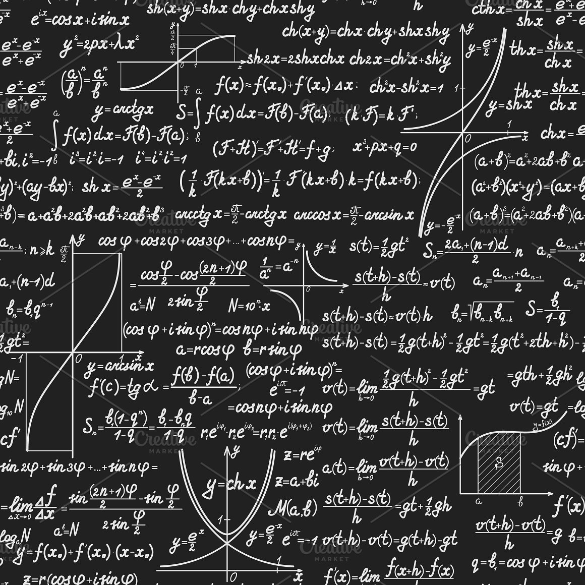 Various mathematical formulas on a black background.