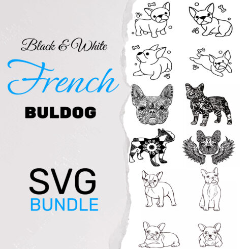 Preview black white french buldog svg bundle.
