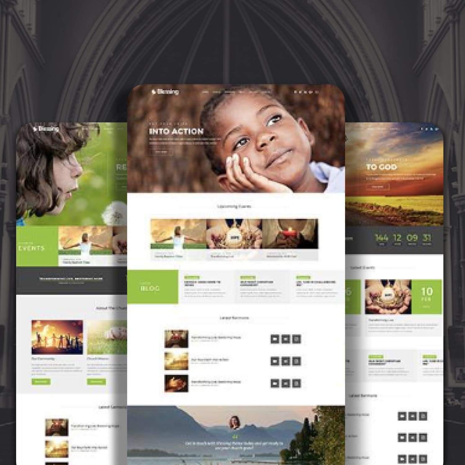 3 different homepages of Heaven's Corner Church Theme.