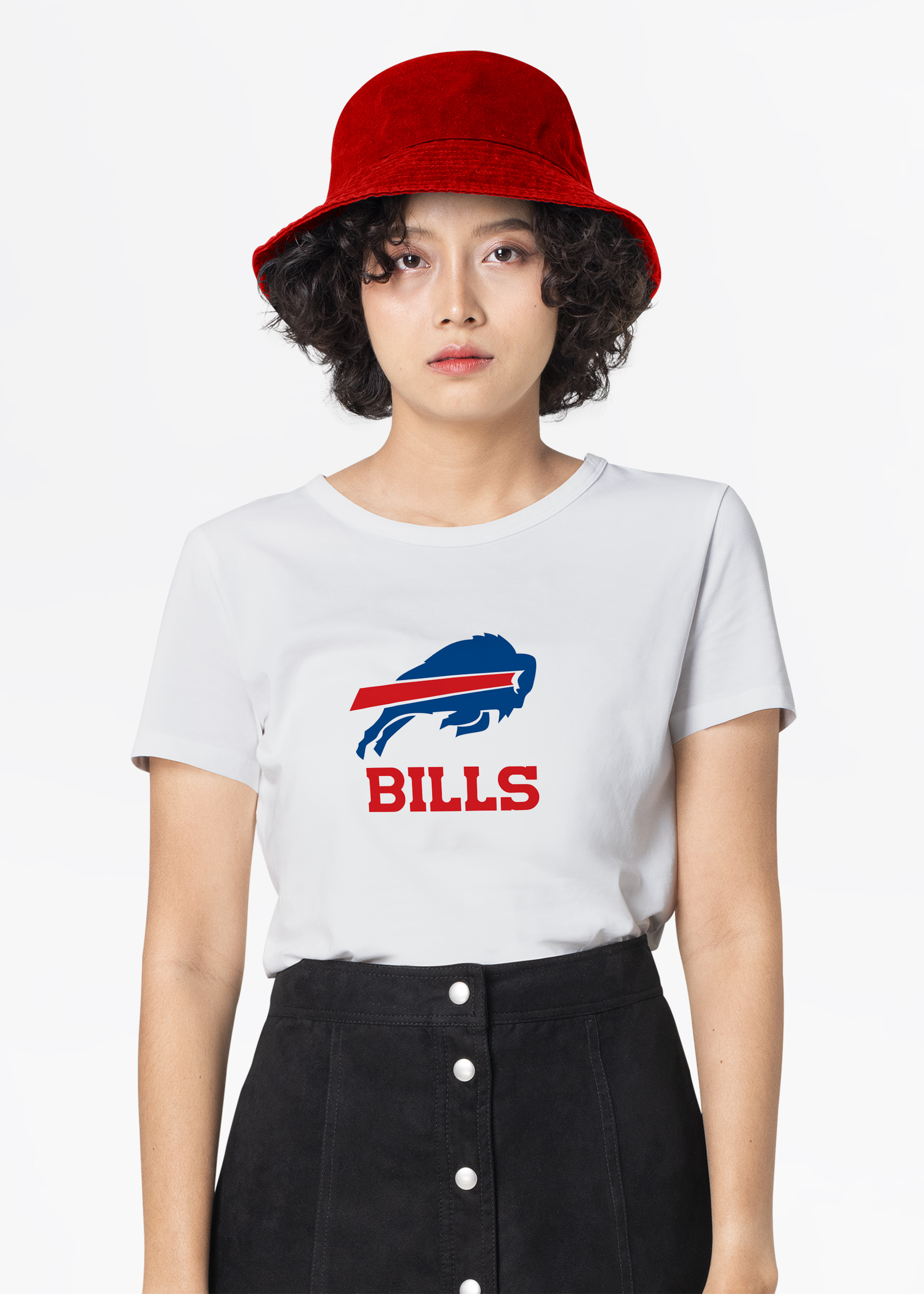 The logo is red and blue on the T-shirt.