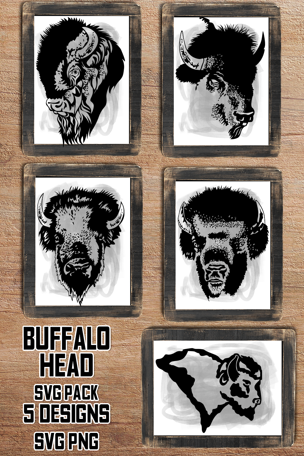 Set of four buffalo head coasters on a wooden surface.
