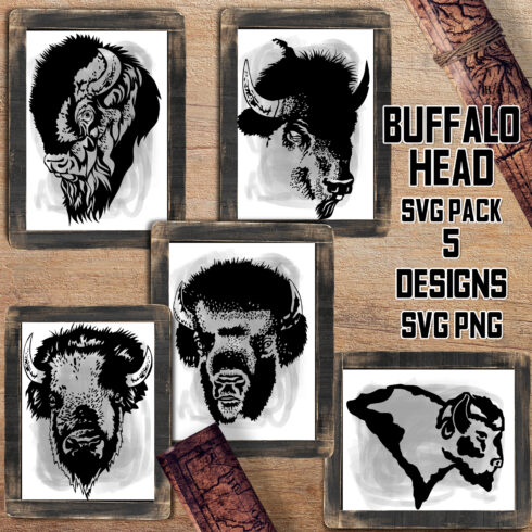 Set of four buffalo head stencils on a wooden surface.