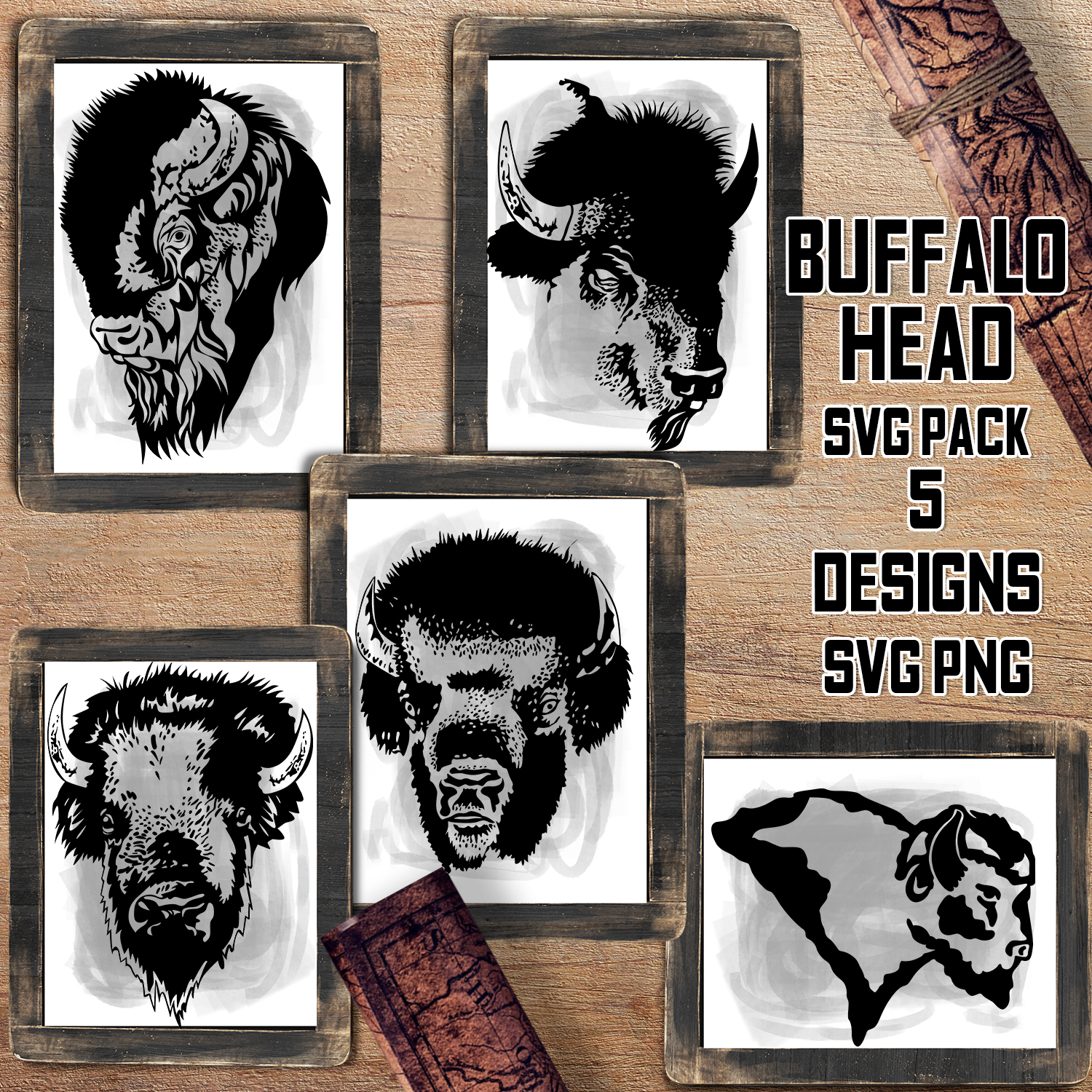 Set of four buffalo head stencils on a wooden surface.