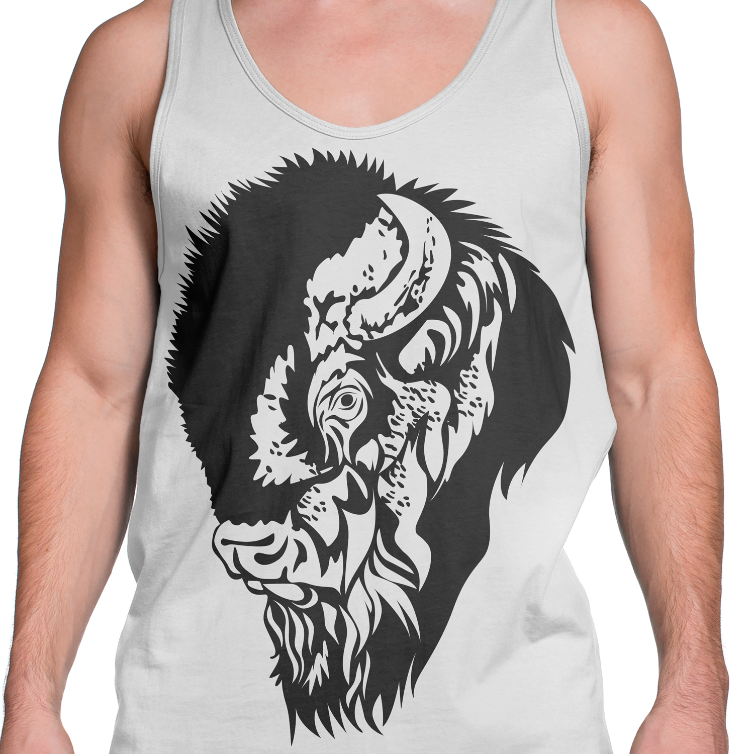 Man wearing a tank top with an image of a buffalo.