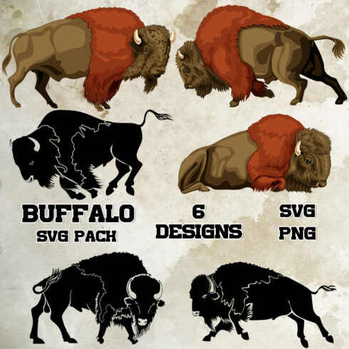 Series of buffalos with different designs and sizes.
