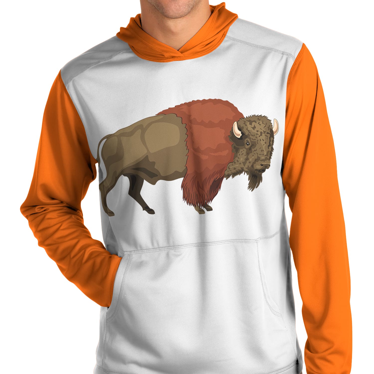 Man wearing an orange and white hoodie with a buffalo on it.