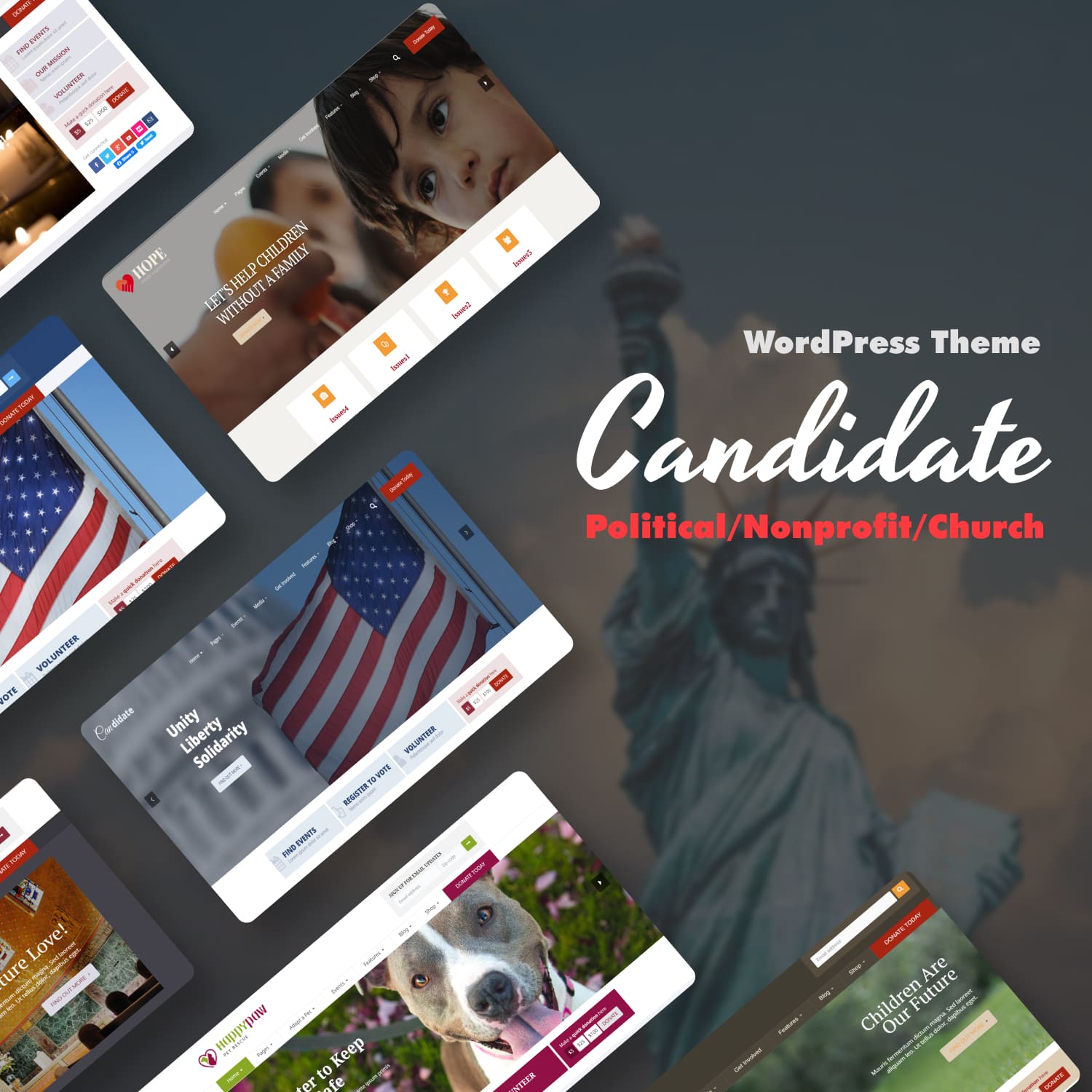 The inscription "Candidate political / non-profit/ church WordPress theme" on the background of the Statue of Liberty.