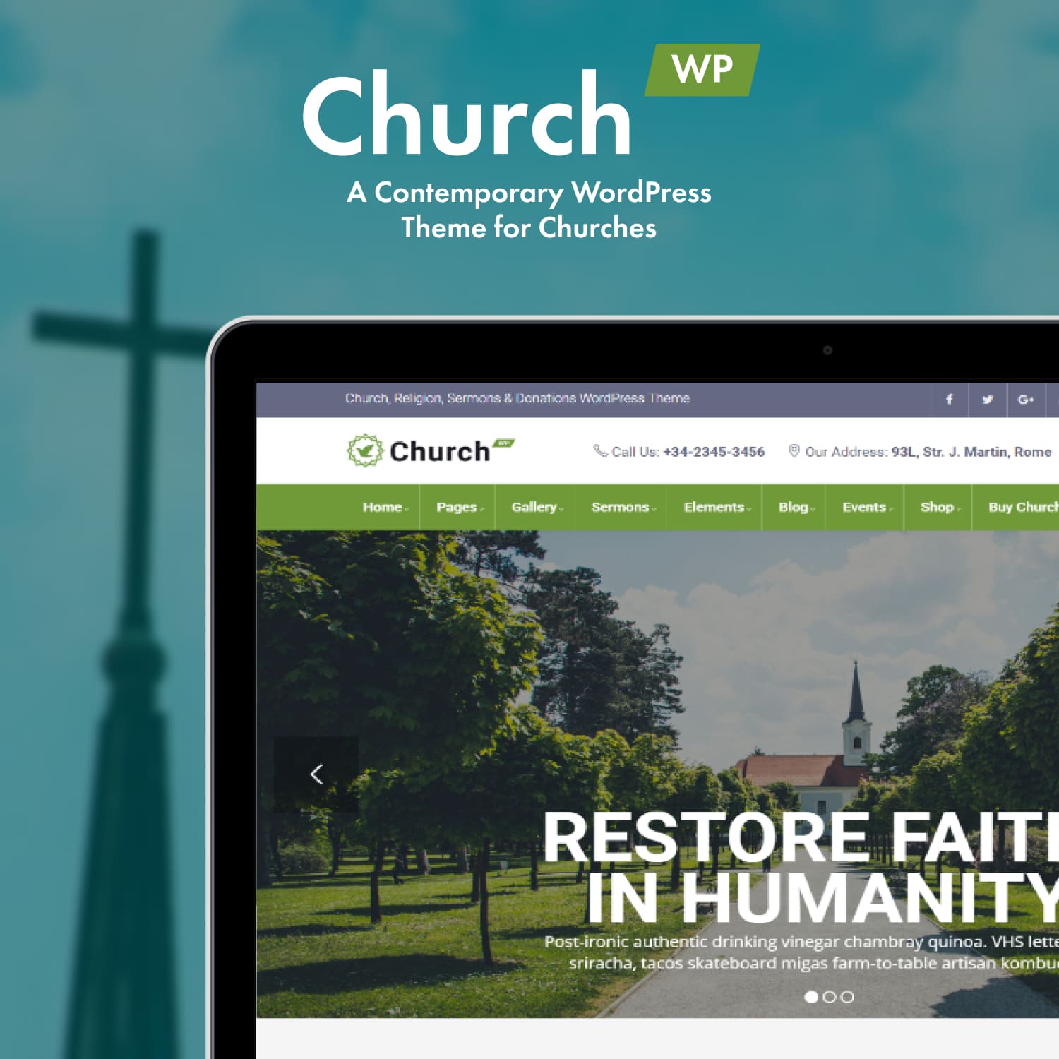 Preview Churchwp a contemporary wordpress theme for churches on the tablet.