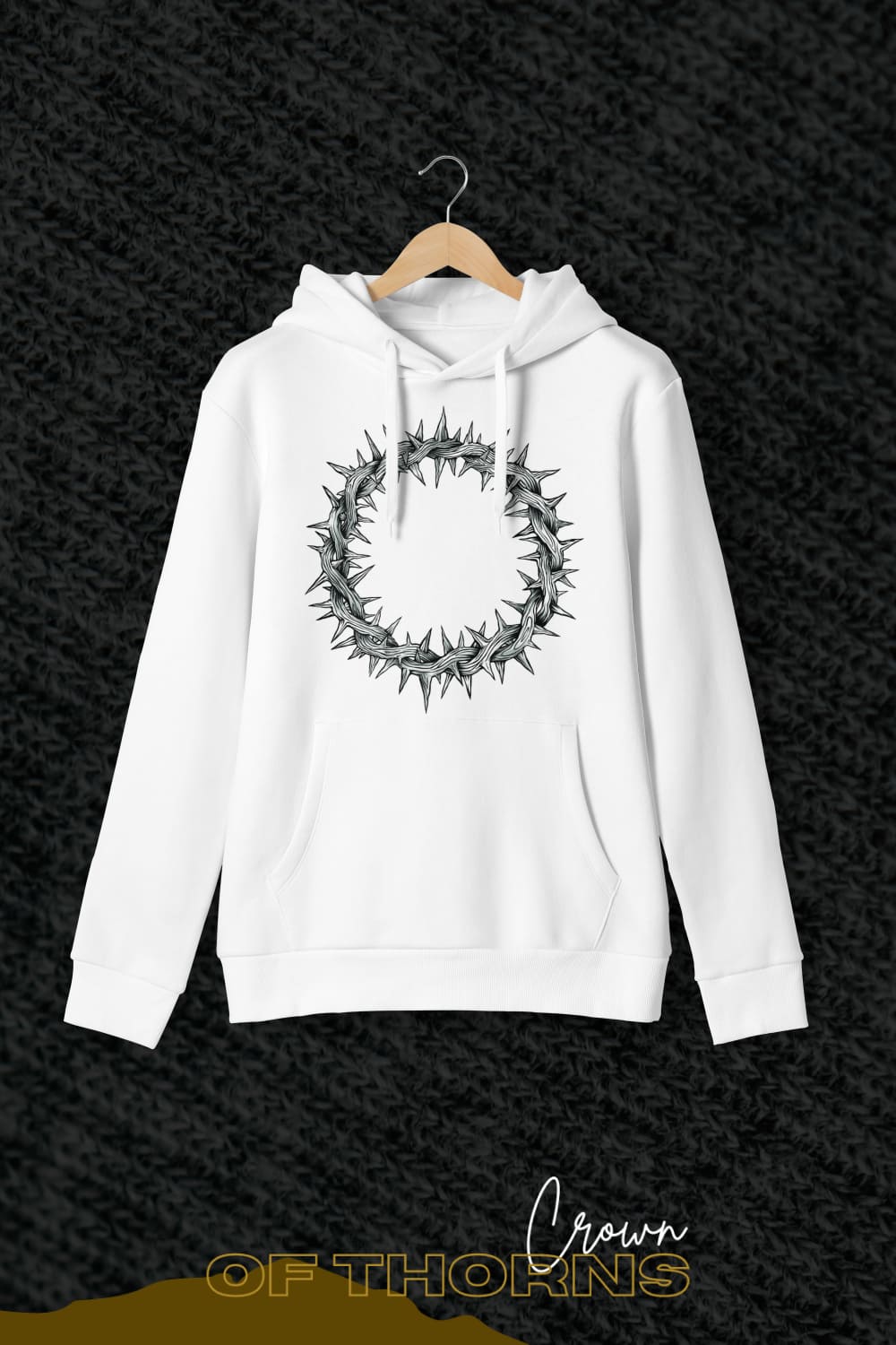 A crown of thorns is depicted on a white sweater.